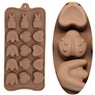 Close-up of brown silicone molds with rabbit heart flowers and ladybug patterns