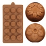 Detail of a 15-cavity brown silicone mold featuring various floral patterns for chocolate