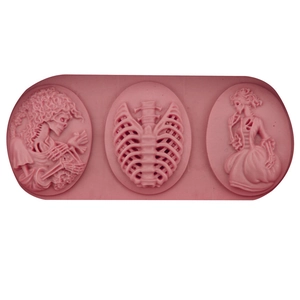 Pink silicone fondant mold with 3-hole gothic skull lady designs for cake decorating