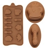 Detail view of brown silicone chocolate molds featuring coffee cups and heart shapes