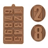 Detail of a brown silicone baking mold with 0-9 number cavities for chocolate and cakes