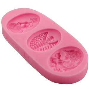 Pink 3-cavity silicone fondant mold featuring vintage embossed skeleton girl portraits