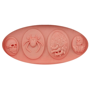 Pink silicone fondant mold with skull, heart and spider motifs for Halloween cake baking