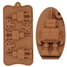 Detailed macro view of a chocolate brown robot-shaped silicone baking mold for DIY treats