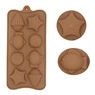 Detailed macro view of brown silicone chocolate mold set with various fun shapes for baking