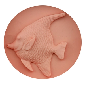Round tropical fish silicone fondant mold in soft pink with detailed scale textures