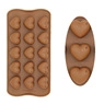 Detail view of 15-cavity and 3-cavity heart shaped silicone chocolate molds in brown