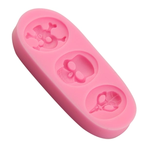 Pink pirate skull silicone fondant mold with three cavities for DIY cake decorating baking