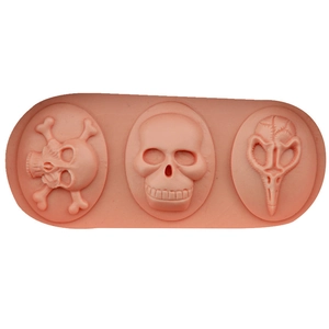 Pink silicone pirate skull fondant mold with three unique skull designs for cake baking