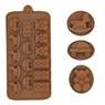 Detail of a brown silicone mold featuring cartoon bear and horse shapes for DIY chocolate