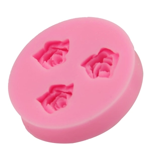 Pink silicone mold with three blooming rose cavities for fondant cake and DIY crafts