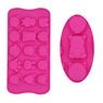Close-up of rose red silicone baking molds with 3D teddy bear and animal relief patterns