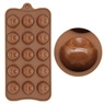 Detail of 15-cavity brown silicone mold featuring decorative circular logo patterns