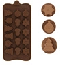 Detail of 15-cavity brown silicone mold with Christmas tree, star, and bell shapes