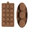 Detailed view of dual silicone chocolate molds with 3 and 15 cavities in dark brown finish