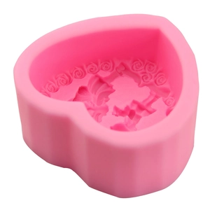 Pink heart-shaped silicone cake mold with rose flower border and angel relief design