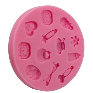 Pink silicone fondant mold with 11 varied cavities for cake decor and chocolate DIY