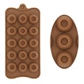 Macro detail of brown silicone chocolate molds with 15-hole and 3-hole smiley face grids