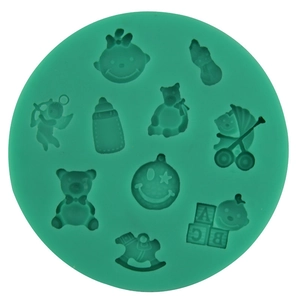 Green silicone fondant mold featuring 10 baby themed shapes like teddy bears and strollers