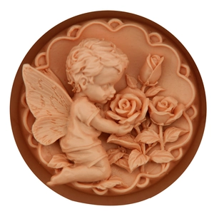 Round pink fondant mold with 3D angel and rose high relief design for baking decoration