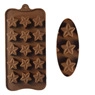 Detailed macro view of a 15-cavity brown silicone mold with star shapes for chocolate