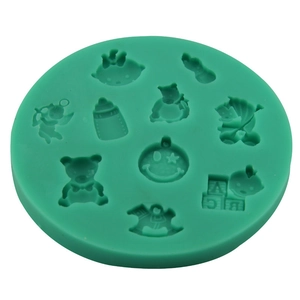 Green silicone baby theme fondant mold with bear, milk bottle, and stroller shapes