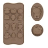 Detail view of 12-cavity brown silicone mold with cartoon character shapes for DIY chocolate