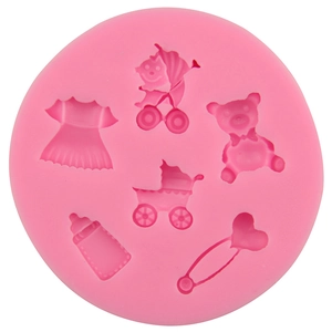 Pink silicone baby-themed fondant mold with stroller, bottle, and teddy bear shapes