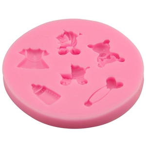 Pink silicone baby shower mold with bear, stroller, and bottle shapes for fondant cakes