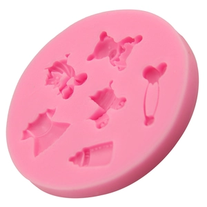 Pink silicone baby-themed fondant mold with bodysuit and baby bottle designs