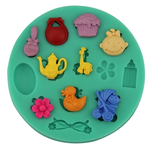 Baby Shower Theme Silicone Fondant Cake Mold Round Cartoon Pacifier Stroller Pattern DIY Chocolate Soap Baking Decorating Tool