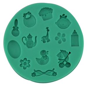 Green silicone baby shower fondant mold featuring giraffe baby stroller and bottle shapes