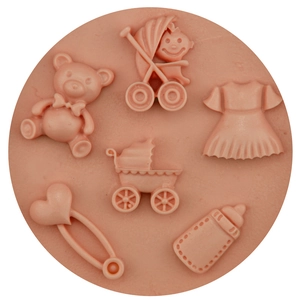 Pink silicone baby-themed cake mold featuring stroller, teddy bear, and milk bottle shapes