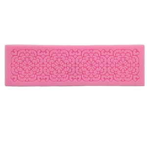 Pink rectangular silicone lace mold with symmetric mandala flower patterns for cake DIY