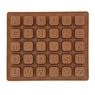 Macro detail of flexible chocolate brown silicone mold featuring 26 uppercase letter slots
