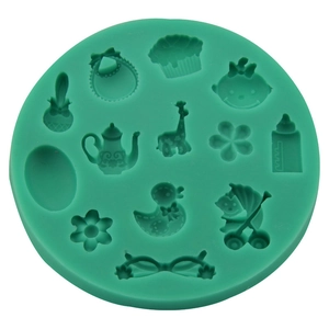 Mint green silicone baby theme fondant mold with stroller and bottle shapes for DIY baking