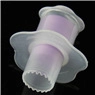 Detail view of white plastic rose flower fondant cutter with purple press bar for baking