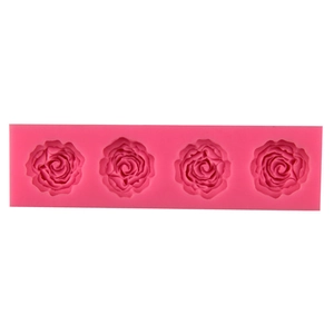 Pink silicone 4-cavity rose flower fondant mold for DIY cake decorating and baking