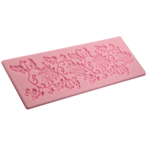 Pink rectangular silicone fondant mold with intricate floral vine relief patterns