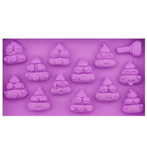 Purple silicone mold featuring twelve distinct 3D poop emoji designs for DIY baking tasks