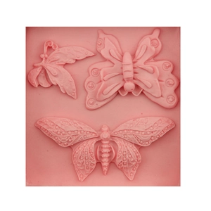 Stampo in silicone rosa con tre motivi di farfalle per decorazioni di torte e pasta di zucchero