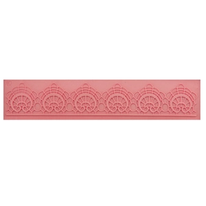 Pink silicone lace fondant mold with fan-shaped hollow patterns for DIY cake decoration
