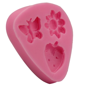 Pink silicone cake mold with butterfly strawberry flower shapes for DIY baking and fondant