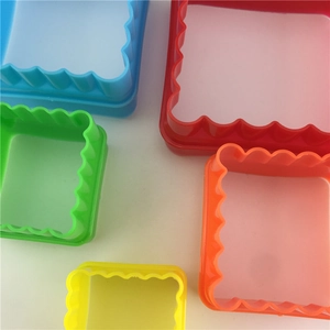 Set of 5 colorful square plastic cookie cutters with scalloped edges for fondant cake