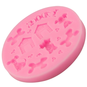 Pink silicone dog theme fondant mold with bone and house shapes for DIY cake baking
