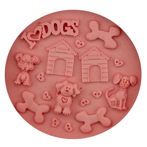 Pink silicone fondant mold featuring I Love Dogs text, puppies, bones and dog house designs