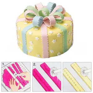 DIY fondant ribbon cutter tool showing steps to create wavy embossed cake borders