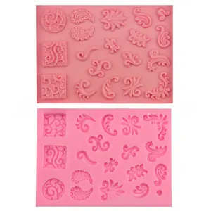 Pink silicone fondant mold featuring retro European scroll and leaf embossing patterns