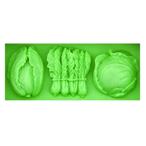 Green silicone baking mold with detailed vegetable shapes including cabbage and leafy greens