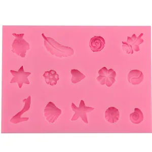 Moule en silicone rose avec poissons tropicaux, fleurs et coquillages pour décoration gâteau